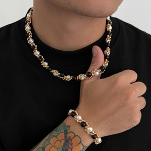 Heren Hip Hop IJzeren Ketting Met Imitatieparels Omwikkeld Halsketting En Armband Goud Zilver Verguld Punk Sieraden