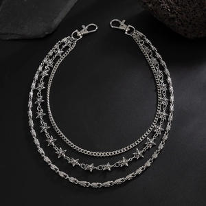Punk style multilayered silver metal pants chain with stars and cross charms for jeans