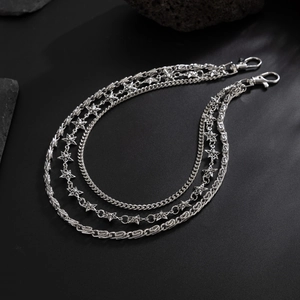 Three-layer punk silver metal trousers chain with pentagram stars and lobster clasps