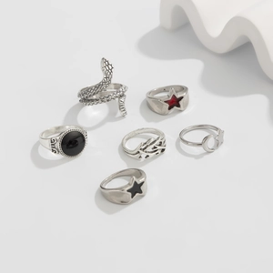 Detailed close-up of a 6-piece vintage silver ring set with snake and star motifs