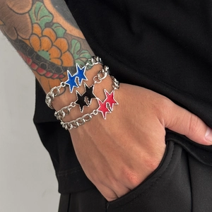 Bracciale da Uomo Trendy in Lega con Stella e Catena Cubana Hip Hop Street Punk Stile Catena Argento Goccia d'Olio Rosso Nero Blu Ciondoli Gioielli