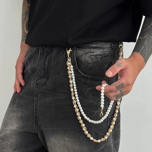 Hip Hop Künstliche Perle Metall Hosenkette Für Herren High Street Doppellagige Taillenkette Gold Silber Hose Deko Accessoires