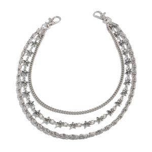 Three-layer silver metal pants chain with black star charms and lobster clasps