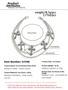 Three-layer silver cross pendant pants chain made of durable iron and alloy material