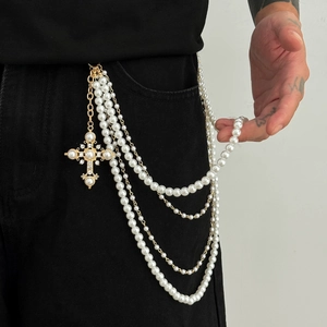Men Multi-layer Faux Artificial Pearl Pant Chain With Cross Pendant Alloy Metal Hip Hop Streetwear Punk Waist Chain Jewelry