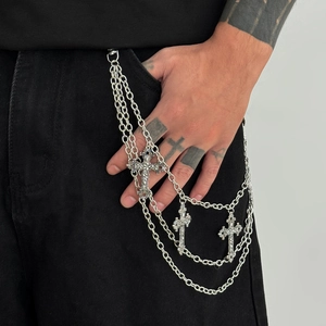 Gothic Punk Multi Layer Trousers Chain For Men Vintage Silver Alloy Iron Cross Pendant Waist Chain Hip Hop Streetwear Biker Jewelry