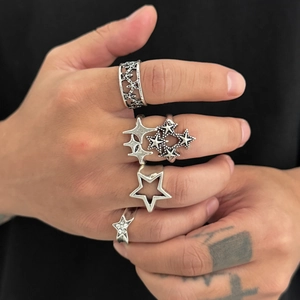Set di anelli con stelle argento vintage da uomo in stile Y2K hip hop con design ritagliati