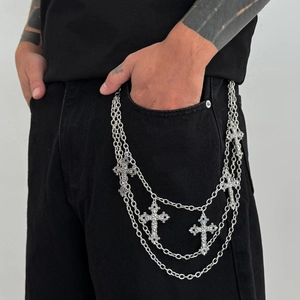 Three-layer silver cross pendant pants chain for men with hip-hop street style metal design