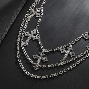 Multi-layer vintage silver cross pendant pant chain with gothic floral engraving