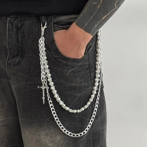 Multi-layer silver metal pants chain with white pearls and cross pendant for men