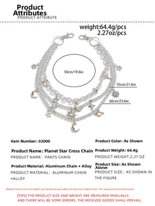 Silver multilayer hip hop waist chain with moon star sun charms and size specifications