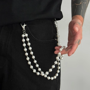 Double-layered pearl pant chain with sparkling rhinestone ball for hip-hop streetwear