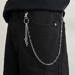 Silver punk star trouser chain with lobster clasps on black jeans, hip hop metal belt chain