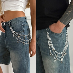 Three-layer silver pants chain featuring celestial charms like stars and moons