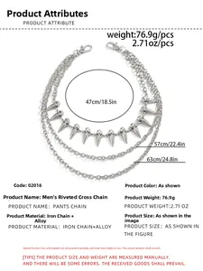 Three-layer silver metal pants chain with punk spikes and detailed sizing specifications
