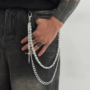 Three-layer silver metal pants chain with pearls and gothic cross pendant for men