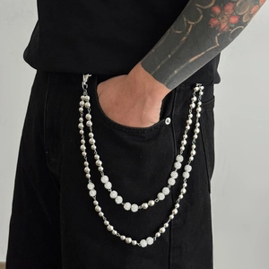 Hip Hop Men Double Layered Metal Ball Artificial Pearl Pant Chain With Rhinestones Punk Streetwear Silver Waist Chain For Jeans