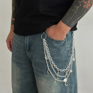 Hip Hop Metal Multi Layer Waist Chain Punk Street Style Sun Star Moon Pendant Pants Belt Chain For Jeans Men Women Jewelry