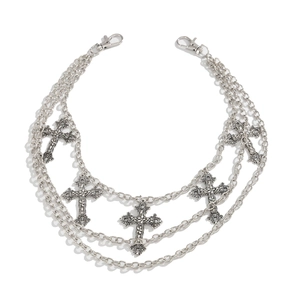 Three-layer vintage silver cross pendant pant chain with high-quality metal lobster clasps