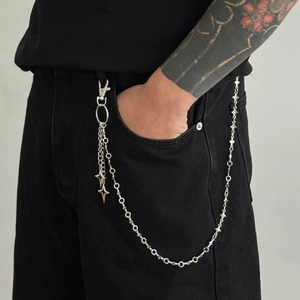 Silver punk star pant chain with multi-layer metal links and star pendants for men