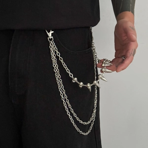 Hip-hop multilayer silver metal waist chain with spikes and skull pendants for men