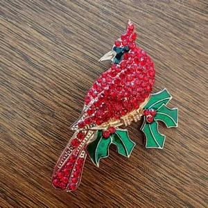 Red cardinal bird brooch with sparkling rhinestones and holly leaves for winter coats