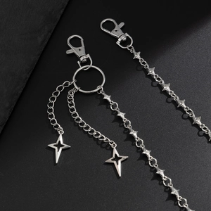 Punk silver metal pant chain for men featuring hollow four-pointed star charms