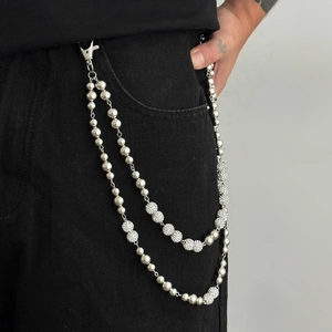 Double-layered silver hip hop trouser chain with polished metal beads and crystals