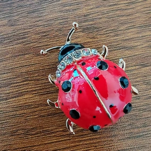 Broche coccinelle en émail rouge avec cristaux étincelants sur une base en métal doré