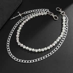 Hip-hop style silver cross and pearl layered waist chain with metallic texture