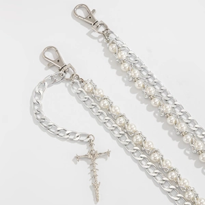 Gothic silver trousers chain with layered pearls and cross pendant detail