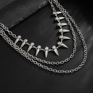 Three-layer silver punk wallet chain with metal spikes and sparkling rhinestones