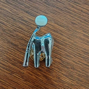 Makroaufnahme einer silbernen Zahnbrosche mit Zahn- und Spiegeldesign auf Holzgrund