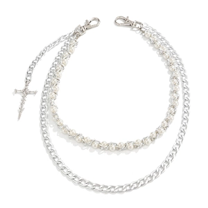Multi-layer hip hop silver pant chain with pearls and gothic cross pendant decor