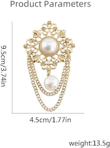 Baroque pearl brooch detail with dimensions 9.5cm height and gold metal fringe chain