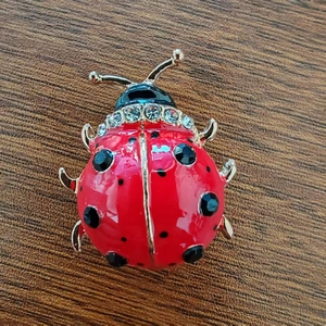 Détail de la broche coccinelle en émail rouge avec bordure dorée et cristaux brillants