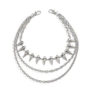 Three-layer silver hip-hop pants chain with spike pendants and lobster clasps