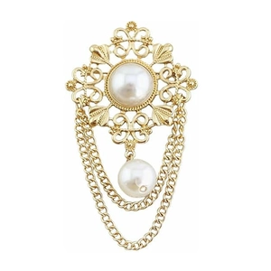 Vintage Baroque Gold Alloy Brooch With Artificial Pearl Hollow Design And Double Layer Chain Tassel For Women Luxury Accessories
