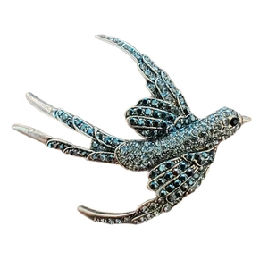 Fashionable vintage silver swallow brooch with blue and white rhinestones for suits