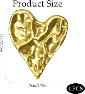 Detail view of large heart brooch with gold textured finish showing size dimensions 7x7cm