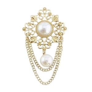 Baroque vintage brooch with gold hollow design, pearls, and hanging chain tassel accents