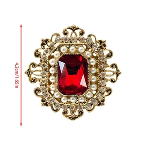 Vintage goldene Brosche mit rotem Edelstein, Perlen und Strass, Größe 4,2 cm Höhe