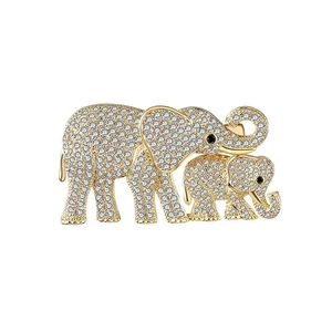 Elegant gold-tone elephant mother and child brooch set with sparkling white crystals