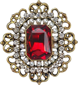 Detail der Vintage-Goldbrosche mit Rubinkristall, Kunstperlen und funkelnden Strasssteinen