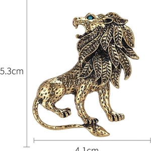 Vintage golden lion brooch for men's suits with blue rhinestone eyes 5.3cm x 4.1cm