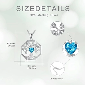 Detail of 925 sterling silver Tree of Life pendant with heart blue gemstone and dimensions