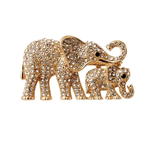 Elegant gold elephant mother and child brooch set with sparkling white crystals