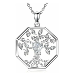 Tree Of Life Heart Pendant Necklace Octagon Celtic Jewelry With Cubic Zirconia For Women Gift