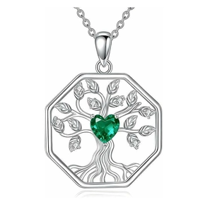 Silver octagonal Tree of Life necklace with green heart gem and white diamonds