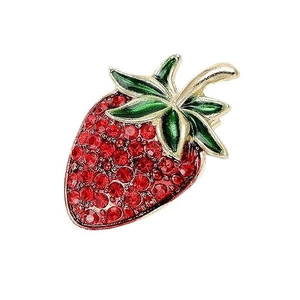 Elegant strawberry brooch pin with red rhinestones and green enamel in gold finish